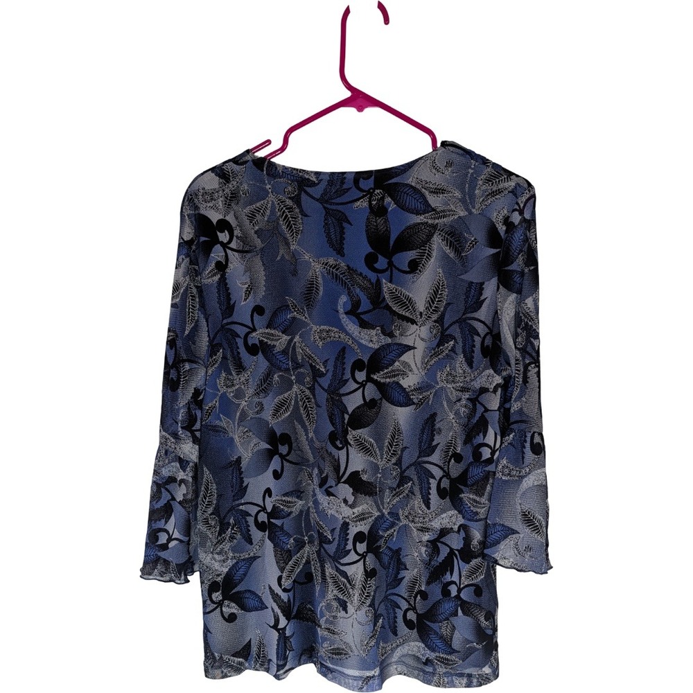 Worthington Blouse Women XL Blue Floral V-Neck 3/4 Bell Sleeve Mesh Lined Top - Picture 5 of 10